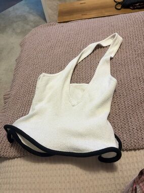 Ivory Knit V-Neck Halter Top with Black Trim
